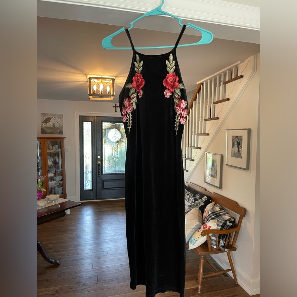 Black velvet dress with floral embroidery by K-T-O-D